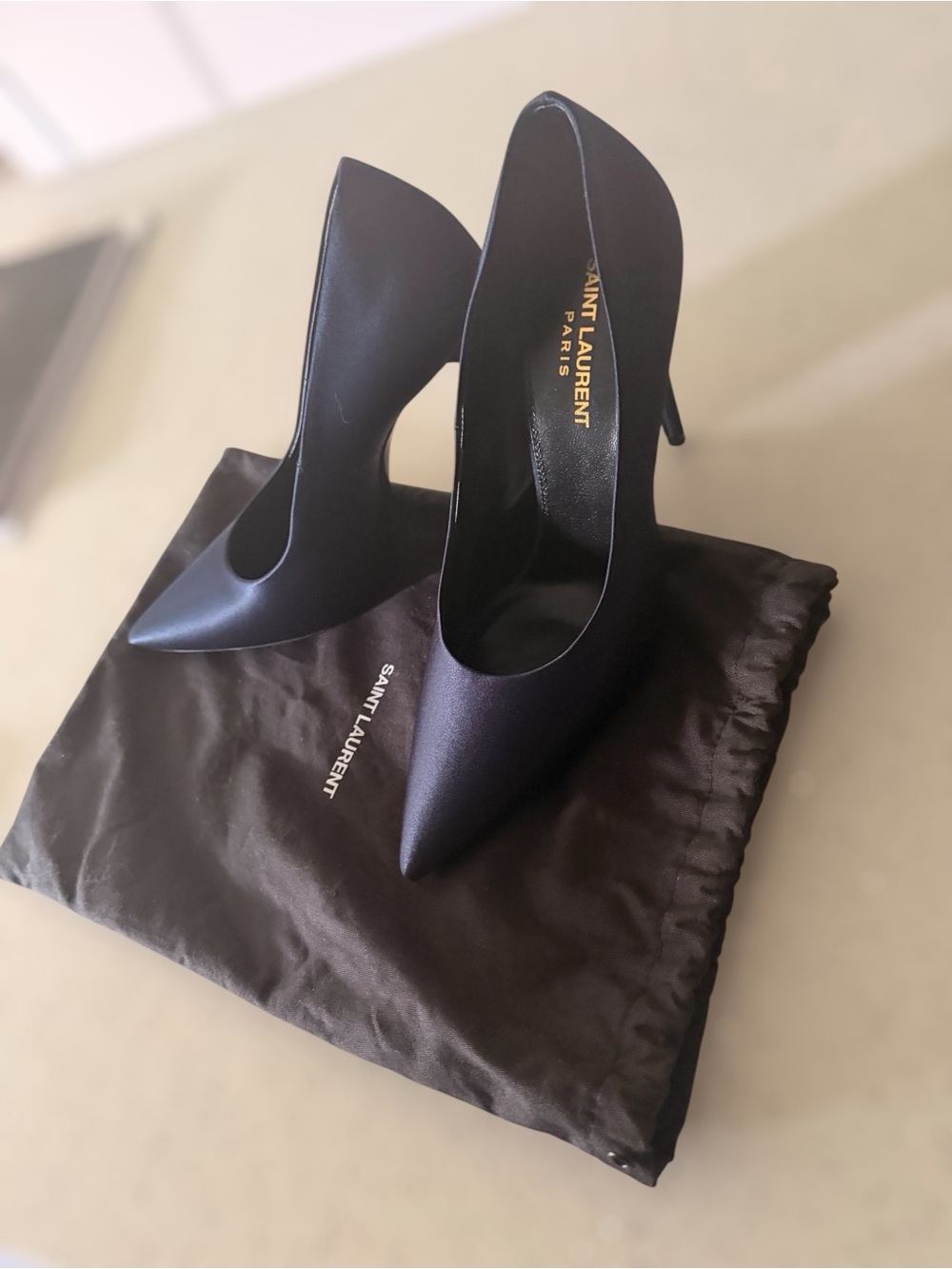 Saint Laurent Black Satin Pointed Toe Stiletto Pumps